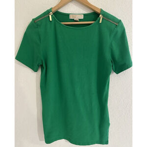 MICHAEL KORS GREEN ZIPPER TRIM SHORT SLEEVE KNIT TOP SIZE S